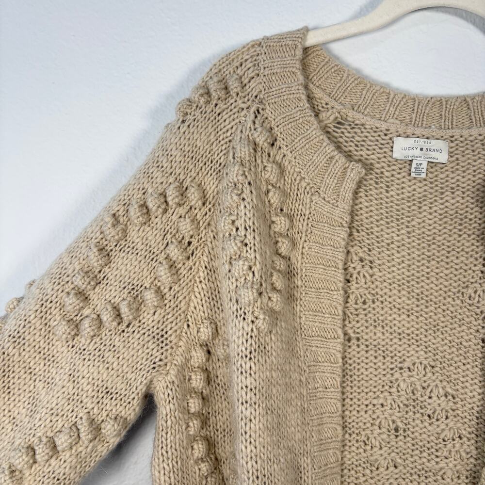 Lucky Brand Cream Open Front Chunky Diamond Knit Bobble Cardigan Sweater - Picture 4 of 9